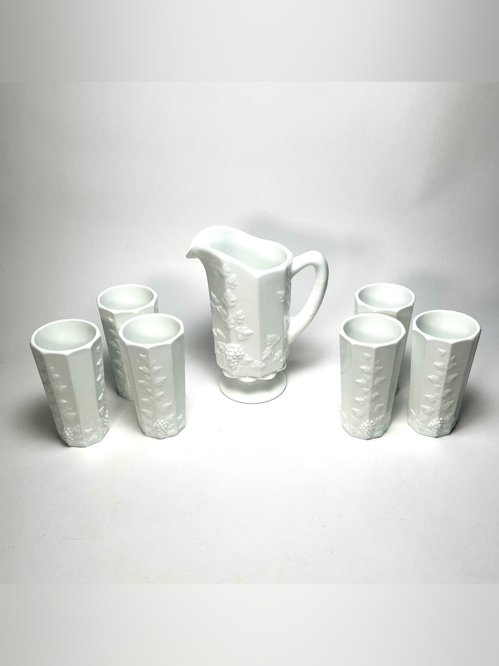 Vintage Westmoreland Milk Glass Paneled Grape Pitcher and 6 Tumblers Water Set